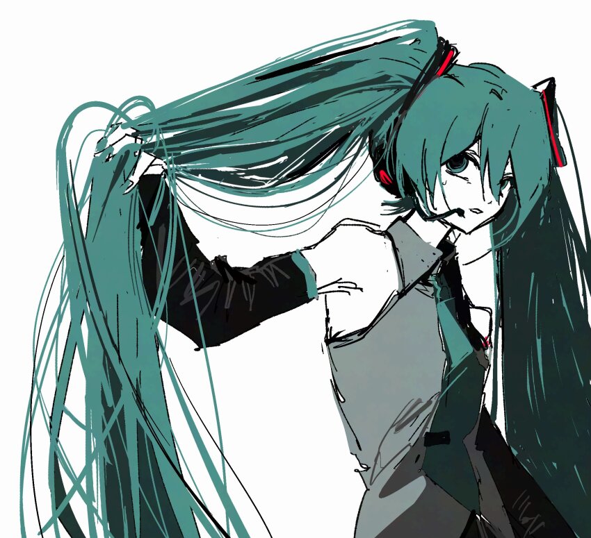 1girl black_sleeves blue_eyes blue_hair blue_necktie collared_shirt colored_skin detached_sleeves goguma_wagamja grey_shirt hair_ornament hand_in_own_hair hand_up hatsune_miku headset highres long_hair long_sleeves looking_at_viewer looking_to_the_side necktie parted_lips pulling_own_hair shirt simple_background sleeveless sleeveless_shirt solo tie_clip twintails upper_body very_long_hair vocaloid white_background white_skin