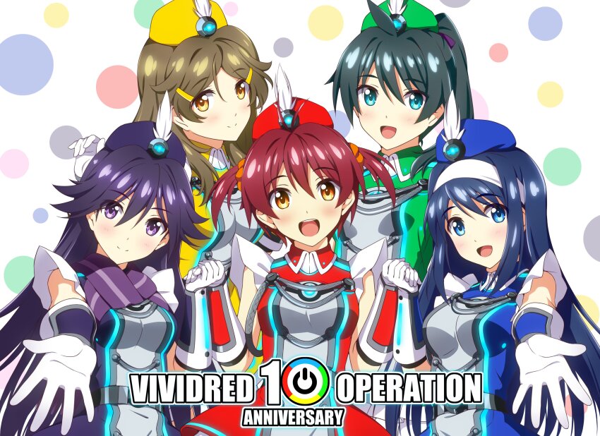 5girls absurdres anniversary aqua_eyes black_hair blue_eyes blue_hair blue_headwear brown_hair futaba_aoi_(vividred_operation) garrison_cap gloves green_headwear hat hat_feather highres holding holding_unworn_clothes isshiki_akane kuroki_rei long_hair multiple_girls nonbe orange_eyes palette_suit polka_dot polka_dot_background purple_eyes purple_headwear red_eyes red_headwear saegusa_wakaba shinomiya_himawari short_hair twintails upper_body vividred_operation white_background white_gloves yellow_headwear