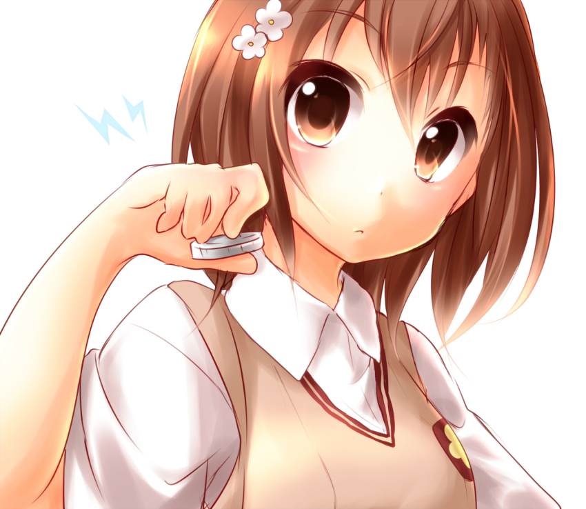 brown_eyes brown_hair coin flower hair_flower hair_ornament hazuki_(sutasuta) misaka_mikoto short_hair solo sweater_vest toaru_majutsu_no_index