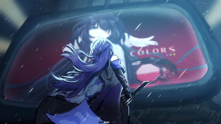 acheron_(honkai:_star_rail) cityscape coat commentary detached_sleeves english_commentary facing_away fake_claws green_eyes hair_ornament hair_over_one_eye hairpin head_wings highres honkai:_star_rail honkai_(series) long_hair night night_sky rain robin_(honkai:_star_rail) screen shiizxu single_detached_sleeve sky sword twitter_username weapon white_coat white_wings wings