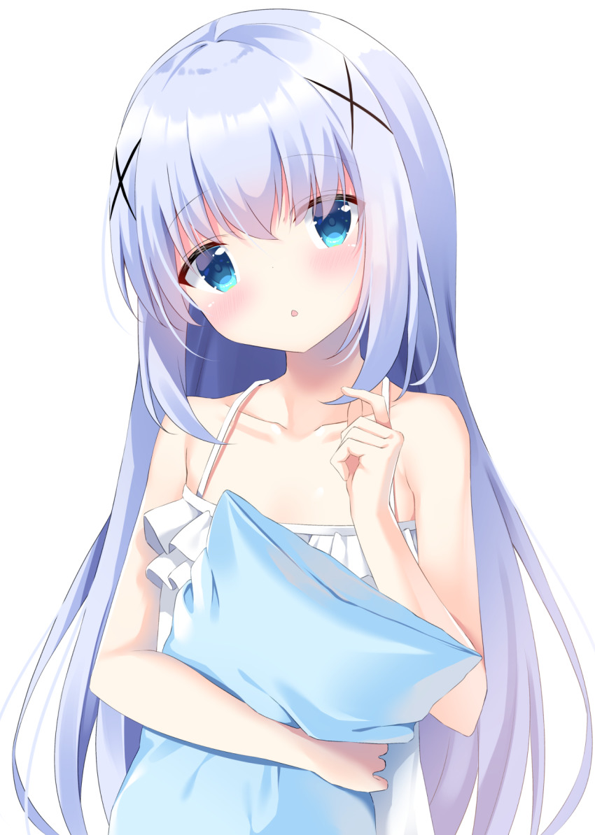 1girl :o bare_arms bare_shoulders blue_eyes blue_hair blush collarbone commentary_request dress frilled_dress frills gochuumon_wa_usagi_desu_ka? hair_between_eyes hair_ornament hand_up head_tilt highres kafuu_chino long_hair looking_at_viewer hugging_object parted_lips pillow pillow_hug pizzzica simple_background sleeveless sleeveless_dress solo very_long_hair white_background white_dress x_hair_ornament