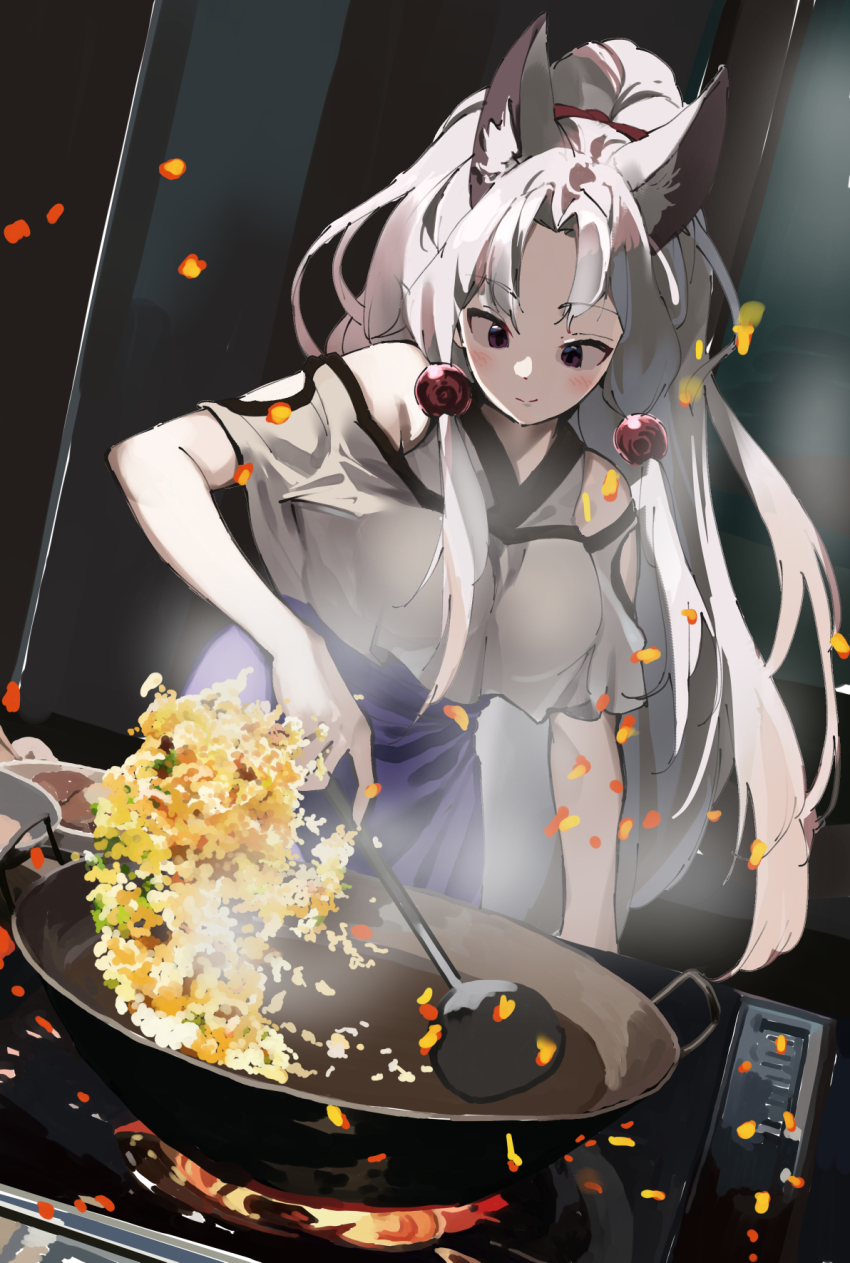 1girl animal_ear_fluff animal_ears blush breasts commentary_request cook cooking food fox_ears fried_rice grey_hair hair_ornament highres holding holding_spatula japanese_clothes kimono lamb_(hitsujiniku) large_breasts long_hair long_sleeves open_mouth purple_eyes rice sidelocks solo spatula touhoku_itako very_long_hair voiceroid wok