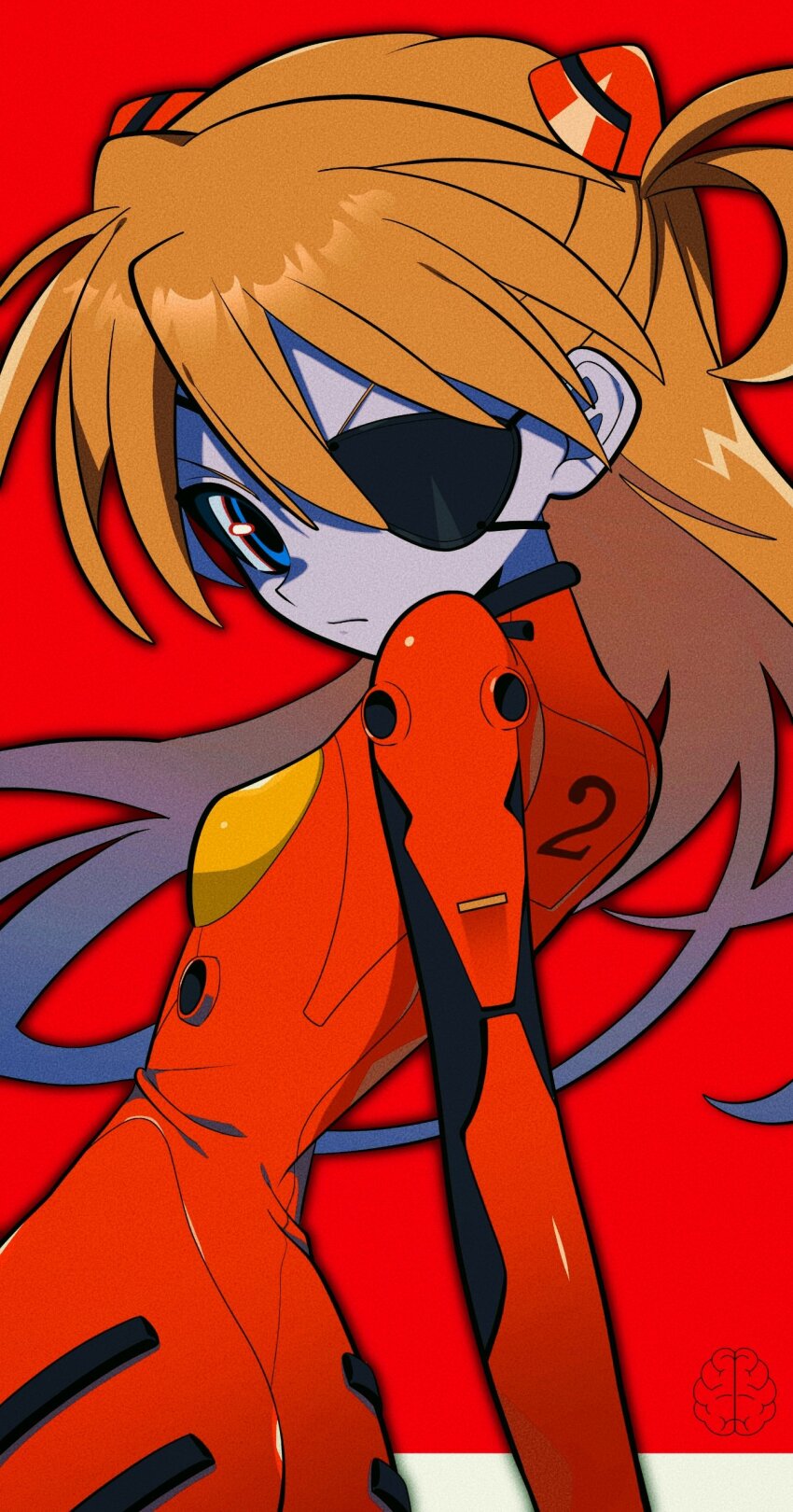 1girl absurdres ass blue_eyes bodysuit closed_mouth cowboy_shot curvy eyepatch film_grain from_behind hair_between_eyes highres kansou_(kanso_1) long_hair looking_at_viewer looking_back mecha_pilot_suit neon_genesis_evangelion one_side_up orange_hair plugsuit red_background red_bodysuit simple_background solo souryuu_asuka_langley v-shaped_eyebrows very_long_hair wide_hips