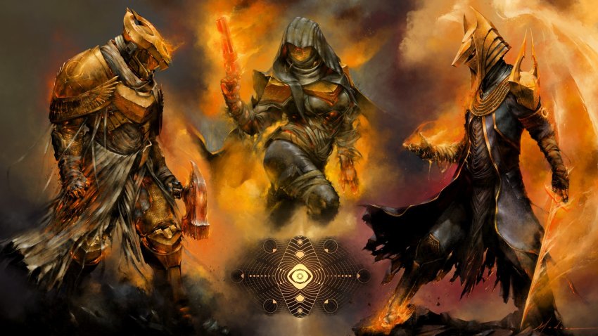 1girl 2boys arm_up armor breasts brian_moncus burnt_clothes cable clenched_hand cloak destiny_(game) fiery_wings fire flaming_sword flaming_weapon gun hammer head_tilt helmet highres holding holding_gun holding_hammer holding_sword holding_weapon hood hooded_cloak hunter_(destiny) legs_apart looking_to_the_side multiple_boys orange_eyes ribbon robe signature sword titan_(destiny) torn_clothes warlock_(destiny) weapon white_ribbon wings