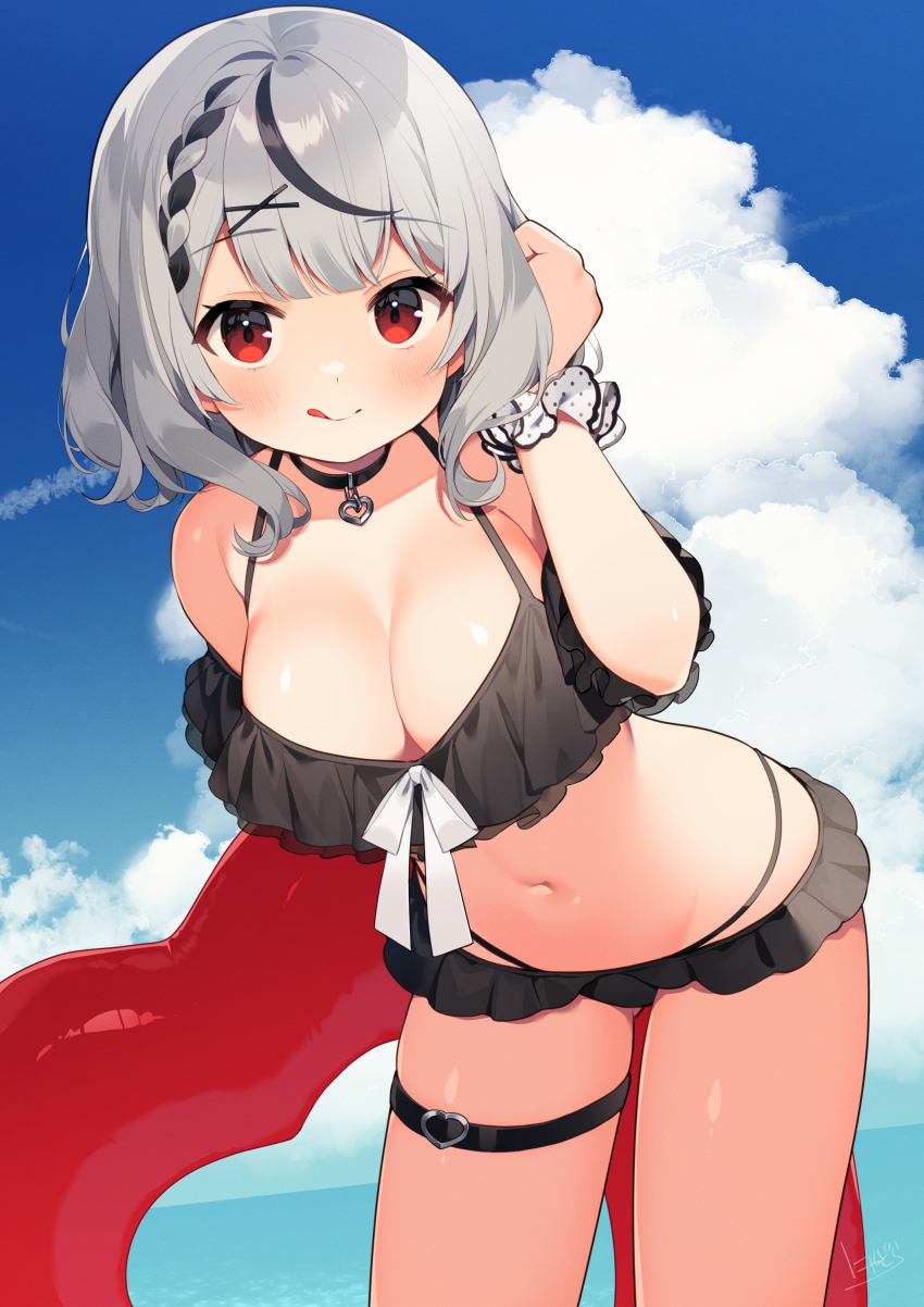 1girl absurdres bare_shoulders bikini black_bikini black_choker black_hair blush breasts choker cleavage frilled_bikini frills grey_hair hair_ornament highres hololive large_breasts licking_lips looking_at_viewer medium_hair multicolored_hair navel nyasunyadoora outdoors red_eyes sakamata_chloe solo streaked_hair swimsuit thigh_strap tongue tongue_out virtual_youtuber x_hair_ornament