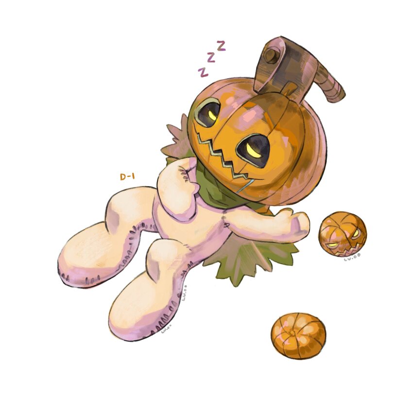 absurdres animate_object capelet closed_eyes digimon digimon_(creature) full_body green_capelet highres level-00 pumpkin pumpmon simple_background sleeping solo stuffed_toy white_background