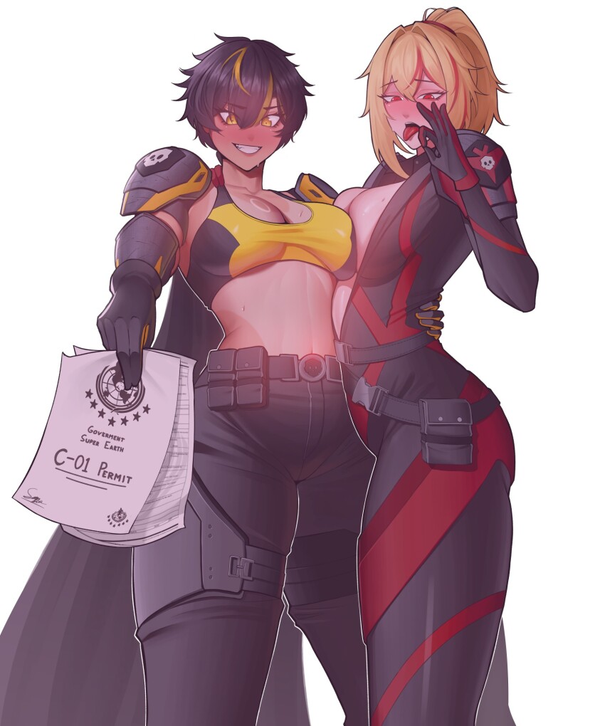 2girls alfa_(alpharig) asymmetrical_docking black_bodysuit black_gloves black_hair black_pants blonde_hair blush bodysuit breast_press breasts c-01_permit_(helldivers) center_opening cleavage fellatio_gesture from_below full-face_blush gloves grin helldiver_(helldivers) helldivers_(series) highres holding holding_paper large_breasts looking_at_viewer medium_breasts multicolored_hair multiple_girls open_mouth pants paper red_eyes red_hair simple_background smile stomach teeth tongue tongue_out two-tone_hair unzipped white_background yellow_eyes