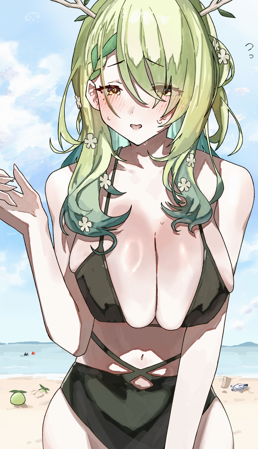 1girl absurdres antlers bare_shoulders beach bikini black_bikini blush braid braided_bangs breasts ceres_fauna cleavage ewn flower flying_sweatdrops green_hair hair_flower hair_ornament hair_over_one_eye highres hololive hololive_english horns large_breasts long_hair sapling_(ceres_fauna) solo sweatdrop swimsuit virtual_youtuber yellow_eyes