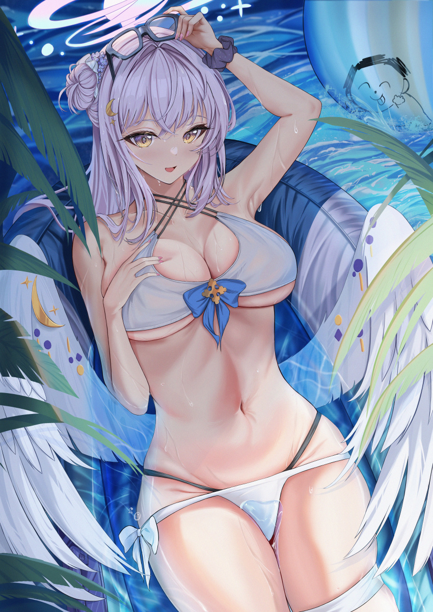 1girl about_fg absurdres alternate_costume doodle_sensei_(blue_archive) bikini blue_archive blush breasts cleavage criss-cross_halter eyewear_on_head feathered_wings halo halterneck hand_on_own_chest highres large_breasts looking_at_viewer lying mika_(blue_archive) navel on_back palm_leaf scrunchie sensei_(blue_archive) skindentation smile solo stomach swimsuit white_bikini white_wings wings wrist_scrunchie