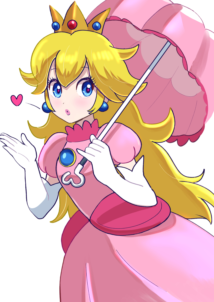 1girl absurdres blonde_hair blowing_kiss blue_eyes breasts dress gloves heart highres looking_at_viewer mario_(series) nintendo pink_lips princess_peach puckered_lips sheyona small_breasts solo super_mario_bros._1 umbrella