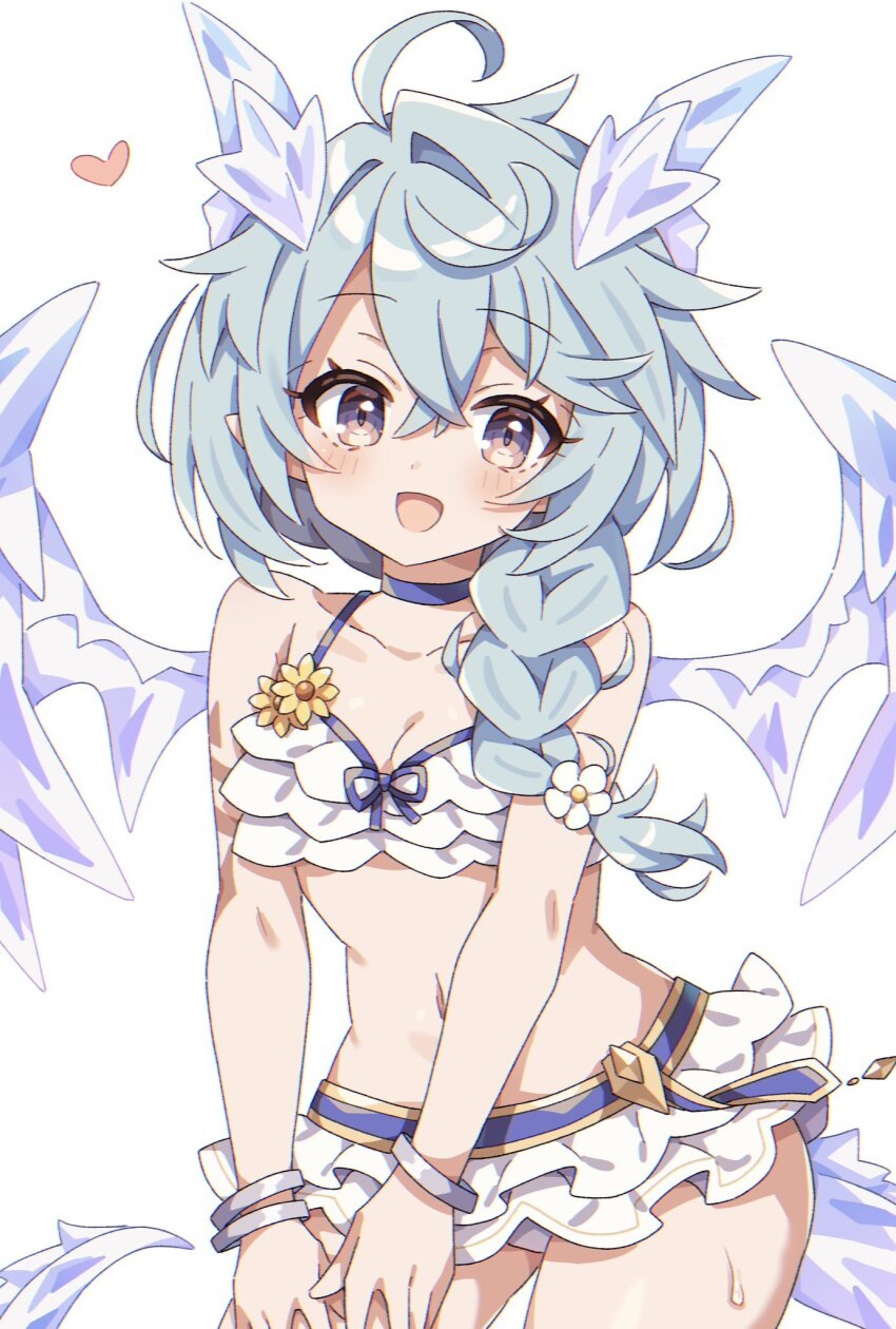 1girl ahoge bangle bikini bikini_skirt blush bracelet braid breasts cleavage cowboy_shot crossed_bangs dragon_girl dragon_horns dragon_tail dragon_wings flower flower_bikini frilled_bikini frills grey_eyes grey_hair hair_between_eyes hair_flower hair_ornament hair_over_shoulder heart hi_(pontolfo) highres horns jewelry looking_at_viewer medium_breasts midriff navel open_mouth pointy_ears princess_connect! sheffy_(princess_connect!) single_braid smile solo sweat swimsuit tail upper_body v_arms white_background white_bikini wings