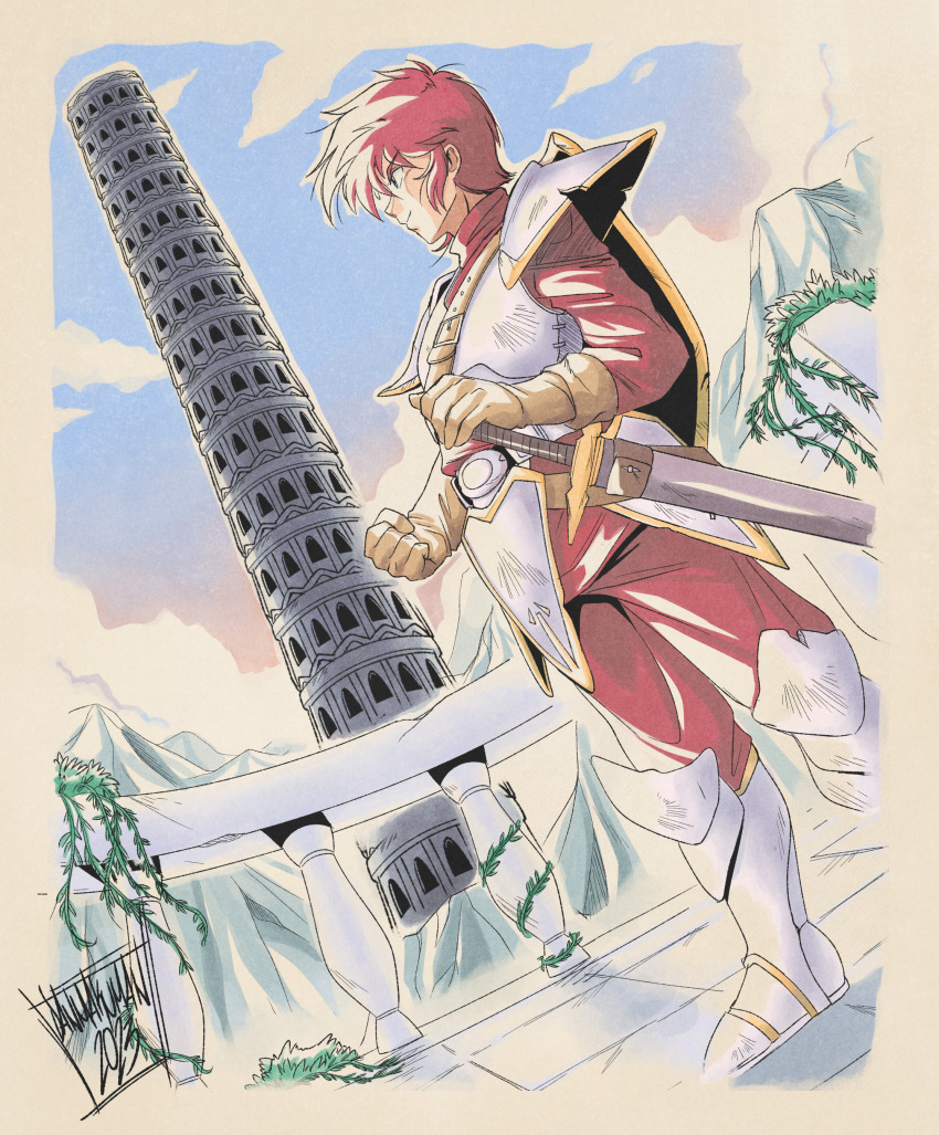 1boy absurdres adol_christin armor armored_boots balcony belt boots commentary danmakuman english_commentary grey_eyes highres holding holding_sword holding_weapon loose_belt male_focus multiple_belts profile red_hair red_tunic retro_artstyle shoulder_armor solo sword tower tunic weapon ys