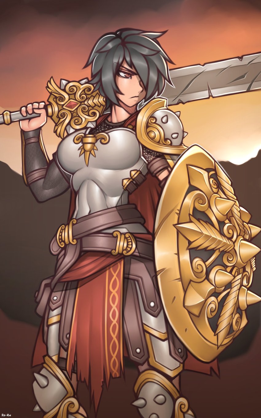 1girl absurdres arm_guards armor bellona_(smite) belt black_hair breastplate brown_eyes cape chainmail commission gold_trim hair_over_one_eye highres holding holding_sword holding_weapon leg_armor looking_to_the_side pauldrons pouch roadi3 shaded_face shield short_hair shoulder_armor shoulder_spikes simple_background smite solo spiked_kneepads spiked_shield spikes strap sword tagme weapon