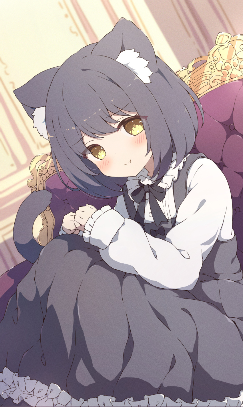 1girl animal_ear_fluff animal_ears blouse blush bob_cut bow bowtie cat_ears cat_girl cat_tail closed_mouth couch dress dutch_angle frilled_shirt_collar frilled_skirt frilled_sleeves frills grey_bow grey_bowtie grey_hair grey_skirt highres indoors long_sleeves looking_at_viewer on_couch original own_hands_together pinafore_dress shirt short_hair sidelocks sitting skirt sleeveless sleeveless_dress smile solo tail tyomimas white_shirt white_sleeves yellow_eyes