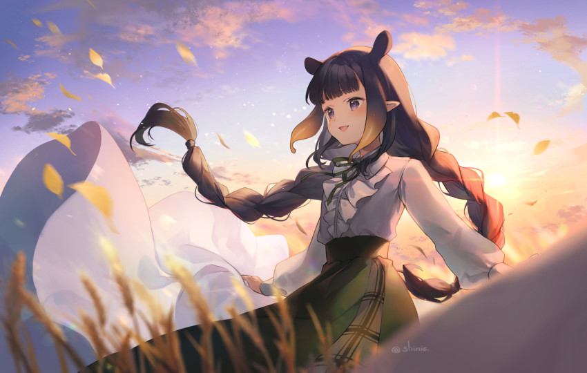 1girl :d black_hair blue_sky blurry blurry_foreground braid brown_hair center_frills cloud commentary_request depth_of_field frills gradient_hair green_skirt hololive hololive_english long_hair long_sleeves looking_away multicolored_hair ninomae_ina&#039;nis open_mouth outdoors pointy_ears puffy_long_sleeves puffy_sleeves purple_eyes shinia shirt skirt sky smile solo sunset twin_braids twintails very_long_hair virtual_youtuber white_shirt