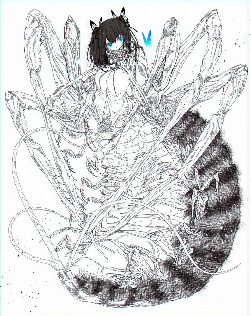 1girl arthropod_girl arthropod_limbs bifurcated_jaw black_hair blue_eyes body_horror bug butterfly butterfly_hair_ornament carapace chitin extra_arms extra_legs hair_ornament highres inari_9999 insect limited_palette looking_at_viewer mandibles monster_girl navel_peek open_mouth original shirt simple_background solo taur twintails white_background white_shirt