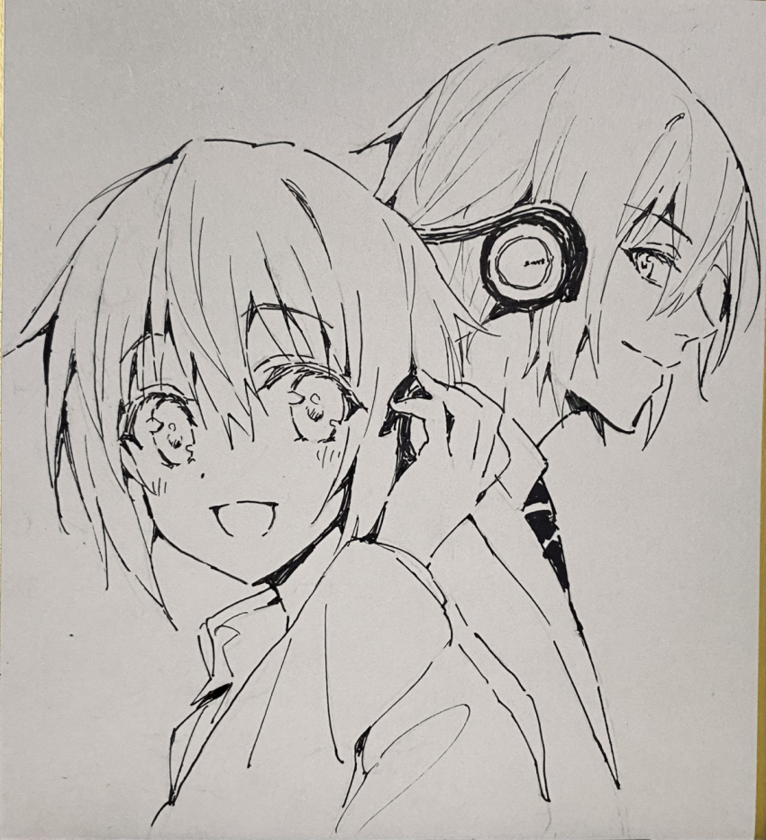 2boys closed_mouth coat collared_shirt dot_nose hair_between_eyes headphones highres kusanagi_naoya long_sleeves looking_at_another motoyon multiple_boys natsume_kei_(sakura_no_uta) necktie open_mouth portrait sakura_no_toki shirt short_hair smile tareme traditional_media