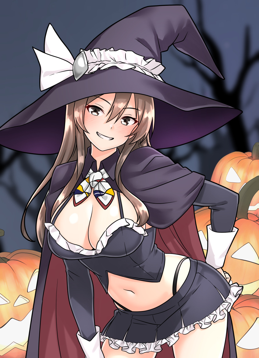 1girl absurdres ashigara_(kancolle) bare_tree black_cape black_hat black_leotard black_skirt blush brown_eyes brown_hair cape commentary_request crop_top furaggu_(frag_0416) grin halloween hat highres kantai_collection legs leotard long_sleeves navel night night_sky pumpkin skirt sky smile solo standing tree variant_set witch_hat