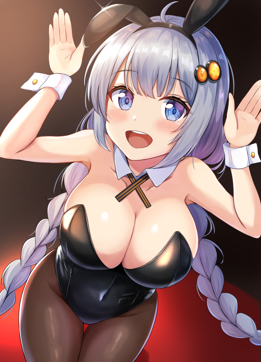 1girl absurdres animal_ears black_leotard black_pantyhose blue_eyes blue_hair breasts bunny_day cleavage detached_collar hair_ornament highres kizuna_akari large_breasts leotard open_mouth pantyhose playboy_bunny rabbit_ears rabbit_pose ritz10_(benben) smile solo standing teeth upper_teeth_only voiceroid wrist_cuffs