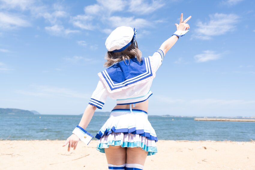 1girl ass brown_hair cosplay cosplay_photo facing_away from_behind hat jewelry love_live! love_live!_sunshine!! meimy7111 navel necklace photo_(medium) real_life ribbon selfie short_hair skirt solo standing stomach swimsuit thighs upskirt watanabe_you