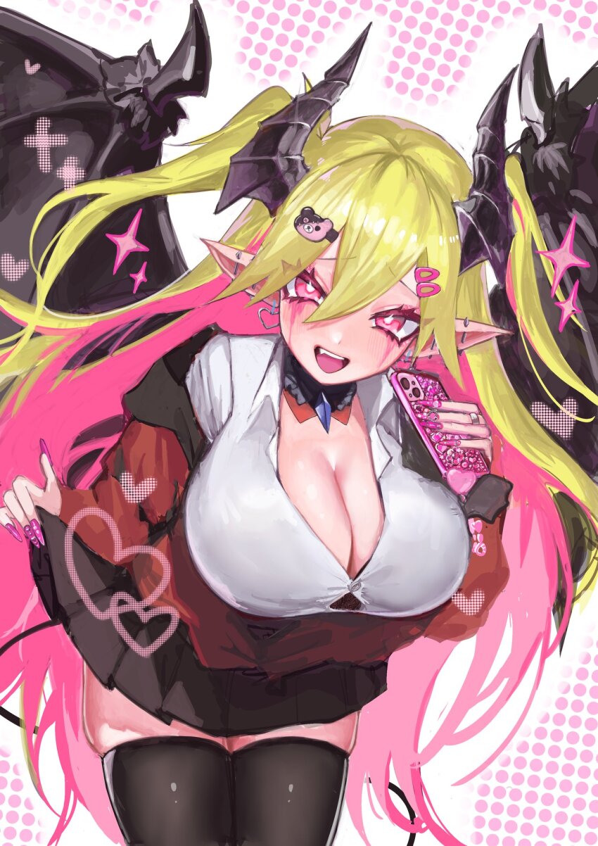 1girl alternate_costume blonde_hair breasts cellphone cleavage demon_girl demon_horns demon_wings duel_monster earrings heart heart_earrings highres holding holding_phone horns jewelry lacrima_the_scarlet_sorrow long_hair phone pink_eyes pink_hair pink_nails pleated_skirt pointy_ears shirt skirt smartphone solo suzusuzu1616 thighhighs white_shirt wings yu-gi-oh!