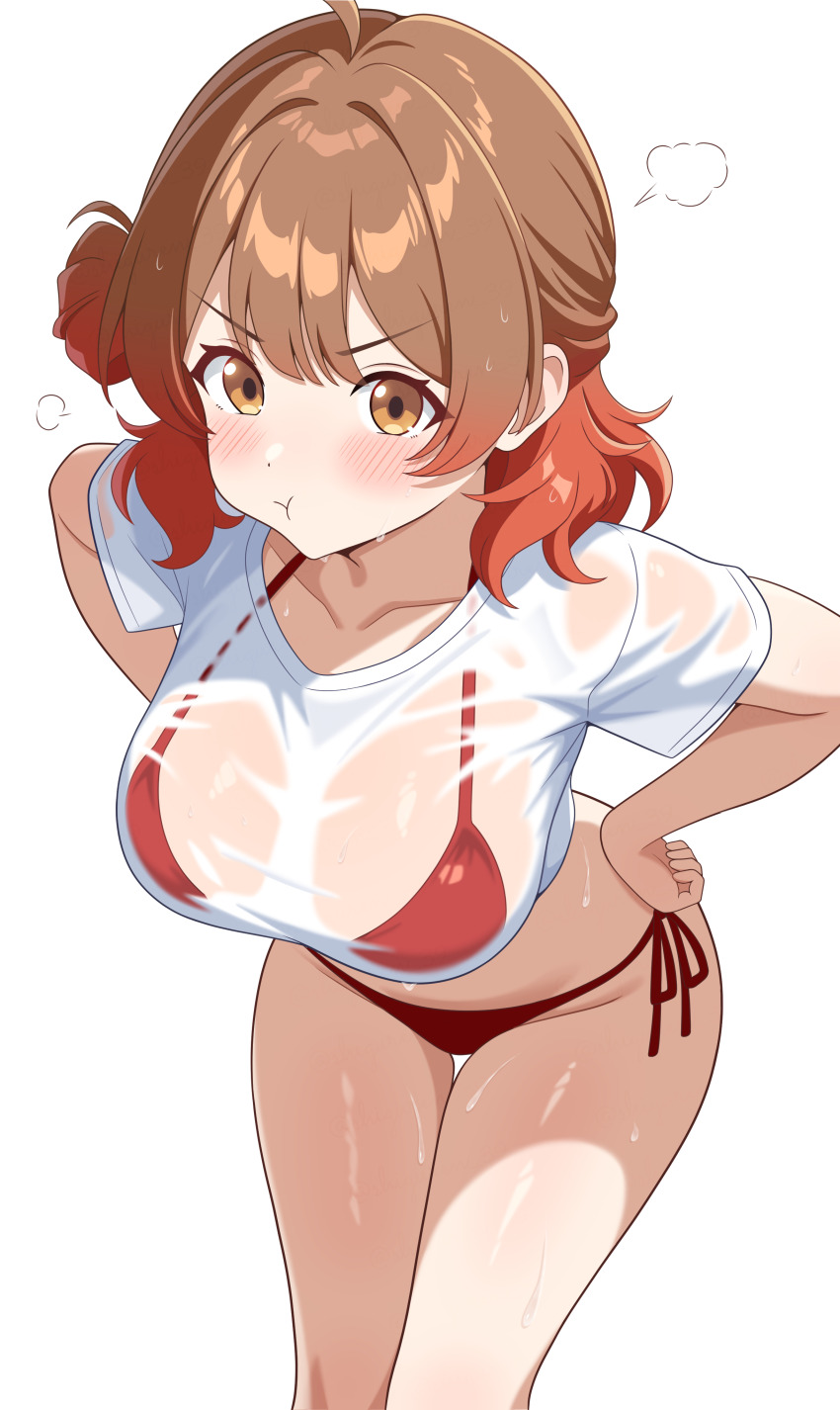 1girl :t absurdres ahoge bare_legs bikini breasts brown_hair collarbone feet_out_of_frame gakuen_idolmaster gradient_hair groin halterneck hanami_ume highres idolmaster large_breasts leaning_forward looking_at_viewer multicolored_hair orange_hair pout puff_of_air red_bikini shiguren_39 shirt short_sleeves side-tie_bikini_bottom simple_background solo string_bikini swimsuit t-shirt thigh_gap wet wet_clothes wet_shirt white_background white_shirt