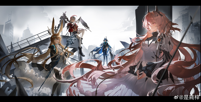 1boy 3girls absurdres ahoge amiya_(arknights) amiya_(medic)_(arknights) animal_ears antenna_hair arknights blue_eyes blue_hair brown_hair dress floating_clothes highres horns jacket logos_(arknights) long_hair long_sleeves medium_hair multiple_girls outdoors pink_hair rabbit_ears rabbit_girl ruins shorts sitting sky staff standing theresa_(arknights) thigh_strap very_long_hair w_(arknights) weibo_3916539676 white_dress white_hair wis&#039;adel_(arknights)