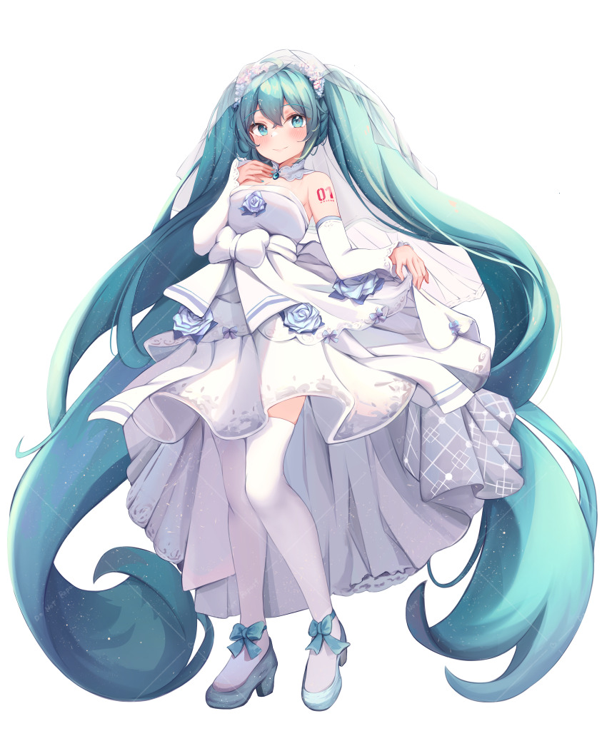 1girl absurdres aqua_eyes aqua_flower aqua_footwear blue_hair blush bow bridal_veil bride clothes_lift commentary_request detached_sleeves dress fishtail_dress flower hair_between_eyes hatsune_miku high_heels highres long_dress long_hair long_sleeves number_tattoo pleated_dress shoulder_tattoo simple_background skirt skirt_lift smile tattoo thighhighs twintails veil very_long_hair vocaloid waist_bow wedding_dress white_background white_bow white_dress white_sleeves white_thighhighs white_veil xiaodai_lonely