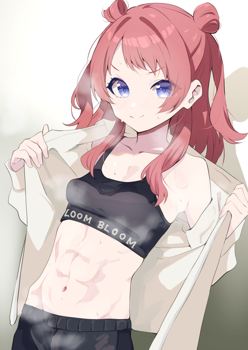 1girl alternate_costume gakuen_idolmaster hanami_saki idolmaster looking_at_viewer muscular muscular_female purple_eyes red_hair shirt solo sports_bra steam sweat tonomiya68 twitter underwear upper_body white_shirt