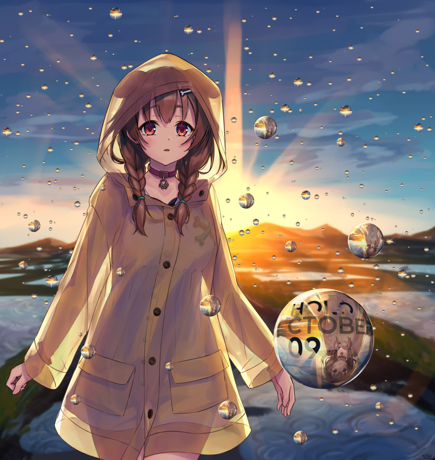 1girl absurdres animal_ears blush bone_hair_ornament bone_print braid breasts brown_eyes brown_hair choker dog_ears dog_girl dog_tail dress hair_ornament highres hololive inugami_korone large_breasts long_hair long_sleeves looking_at_viewer parted_lips paw_pendant rain raincoat red_choker see-through_clothes see-through_raincoat solo sunlight tail traveler_(artbbt) twin_braids virtual_youtuber water_drop white_dress yellow_raincoat