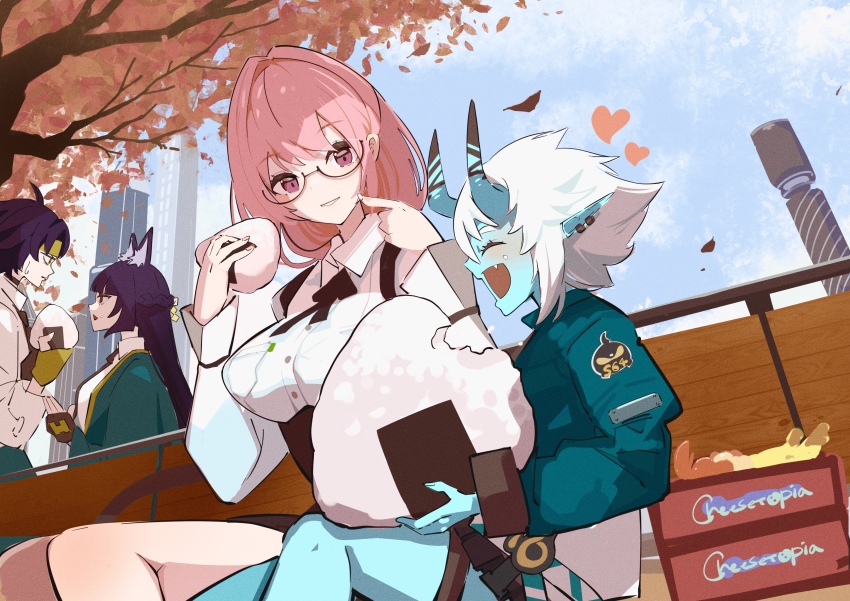 1boy 3girls ^_^ absurdres animal_ears aqua_jacket asaba_harumasa ayumi_(ayumi05888572) black_gloves black_hair blue_horns blue_skin breasts closed_eyes collared_shirt colored_skin food fox_ears glasses gloves hair_between_eyes headband highres horns hoshimi_miyabi jacket large_breasts leaf long_hair long_sleeves looking_at_another maple_leaf multiple_girls oni onigiri pink_eyes pink_hair shirt short_hair sitting smile soukaku_(zenless_zone_zero) sweatdrop tsukishiro_yanagi white_hair white_shirt yellow_headband zenless_zone_zero