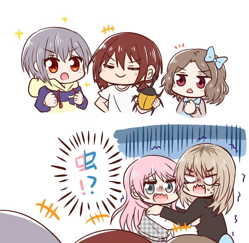 +++ 5girls bang_dream! bang_dream!_it&#039;s_mygo!!!!! beetle belt belt_buckle black_shirt blue_bow blue_hoodie blue_shirt blush bow brown_hair buckle bug chihaya_anon closed_eyes closed_mouth commentary crossover dress ebizuka_tomo fang girls_band_cry grey_belt grey_dress grey_eyes grey_hair hair_between_eyes hair_bow hands_up highres hood hood_down hoodie insect iseri_nina jx2_(jennyiq) kawaragi_momoka light_brown_hair long_hair long_sleeves low_twintails multicolored_hair multiple_girls nervous_sweating open_mouth pinafore_dress pink_eyes pink_hair plaid_belt plaid_clothes plaid_dress red_eyes red_hair romaji_commentary roots_(hair) shirt short_hair short_sleeves short_twintails sidelocks sleeveless sleeveless_dress smile sparkle sweat takamatsu_tomori thumbs_up translated triangle_mouth twintails two-tone_hoodie unmoving_pattern wavy_mouth white_shirt yellow_hoodie