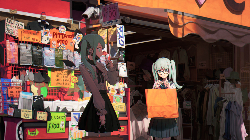 2girls absurdres bat_wings black-framed_eyewear black_bow black_nails black_skirt blue_sailor_collar blue_skirt bow cinderella_(vocaloid) clothes_hanger commentary_request detached_wings dual_persona glasses hair_bow hatsune_miku highres jirai_kei long_hair long_sleeves mask mini_wings mouth_mask multiple_girls nail_polish pink_shirt pleated_skirt sailor_collar school_uniform serafuku shirt shop shopping skirt turu twintails vampire_(vocaloid) vocaloid wings