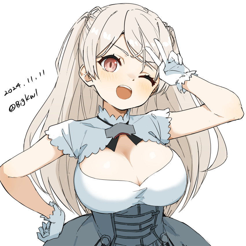 1girl absurdres bigkwl breasts cleavage_cutout clothing_cutout conte_di_cavour_(kancolle) conte_di_cavour_nuovo_(kancolle) dress frilled_dress frills gloves grey_dress highres kantai_collection large_breasts layered_dress long_hair one_eye_closed open_mouth red_eyes round_teeth solo teeth two-tone_dress two_side_up upper_body upper_teeth_only very_long_hair white_dress white_gloves white_hair