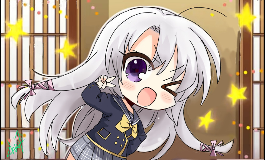 &gt;_o 1girl ;d ahoge ayachi_nene black_jacket bow charo_(meme) chibi chinese_commentary commentary_request company_connection cowboy_shot grey_hair grey_sailor_collar grey_skirt hair_between_eyes hair_ribbon hand_on_own_hip hand_up happy highres indoors jacket long_hair looking_at_viewer meme miniskirt one_eye_closed open_mouth parody pink_ribbon plaid_clothes plaid_skirt purple_eyes ribbon sailor_collar sanoba_witch school_uniform senren_banka serafuku signature skirt smile smug solo star_(symbol) v v-shaped_eyebrows very_long_hair wrnmsb yellow_bow yuzu-soft