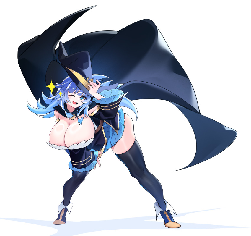 1girl absurdres adjusting_clothes adjusting_headwear black_thighhighs blue_cloak blue_dress blue_eyes blue_hair blue_hat breasts charlotte_wraith cleavage cloak dress emberix eyebrows_hidden_by_hair fang full_body hat highres huge_breasts large_breasts leaning_forward long_hair looking_at_viewer one_eye_closed open_mouth shadow simple_background skin_fang skindentation smile solo sparkle tensei_kizoku_kantei_skill_de_nariagaru thighhighs white_background witch_hat