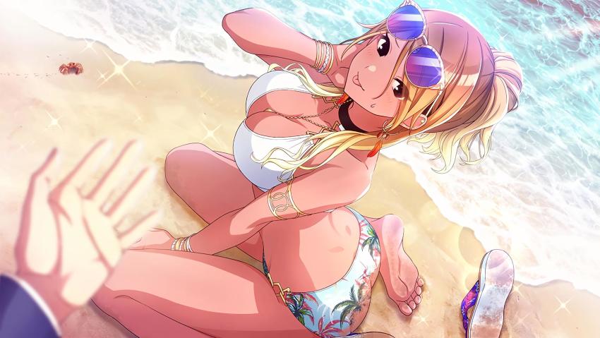 1girl :p armlet ass barefoot beach bikini blonde_hair blurry blurry_foreground bracelet breasts cleavage crab dark_skin eyewear_on_head feet flip-flops from_above game_cg gyaru highres idolmaster idolmaster_shiny_colors izumi_mei jewelry large_breasts looking_at_viewer official_art pov pov_hands sand sandals sitting soles solo swimsuit tagme toes tomari_(veryberry00) tongue tongue_out unworn_sandals wariza water