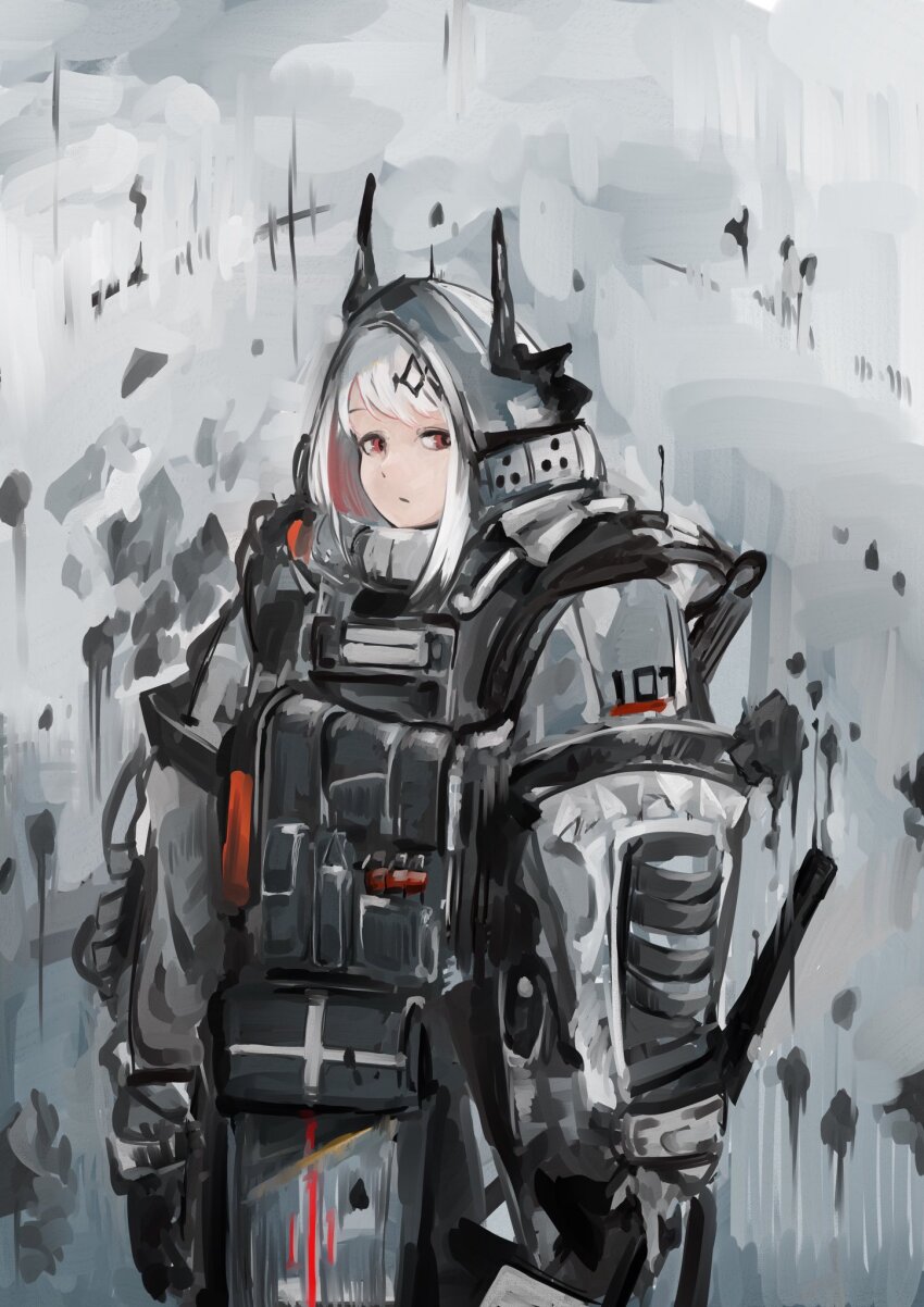 1girl arknights black_horns closed_mouth commentary_request cowboy_shot expressionless grey_background grey_jumpsuit highres hood hood_up horns jumpsuit karaage-senpai long_sleeves mudrock_(arknights) mudrock_(elite_ii)_(arknights) partial_commentary puffy_long_sleeves puffy_sleeves red_eyes short_hair solo standing white_hair