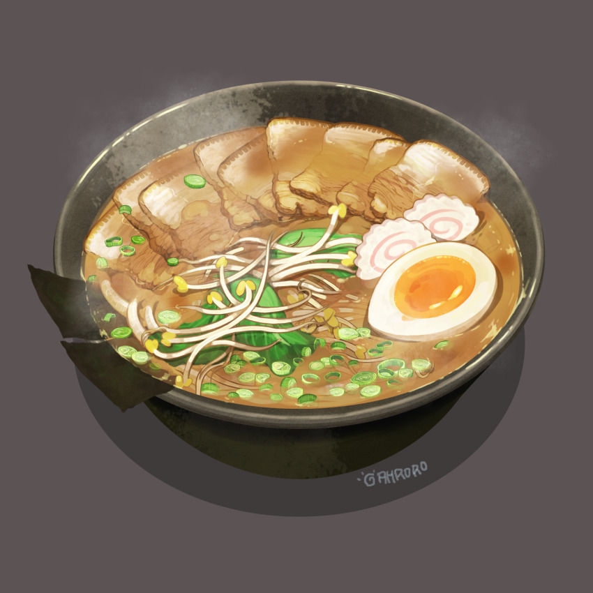 ah_roro artist_name bowl egg_(food) food food_focus grey_background highres kamaboko narutomaki no_humans noodles nori_(seaweed) original photoshop_(medium) pork ramen softboiled_egg steam vegetable