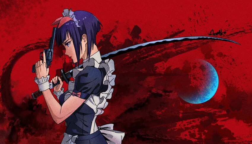 1girl acuttle akiba_maid_sensou animal_ears black_hair dual_wielding fake_animal_ears gun highres holding holding_gun holding_sword holding_weapon maid maid_headdress mannen_ranko moon profile red_background short_hair short_sleeves sword upper_body weapon wrist_cuffs