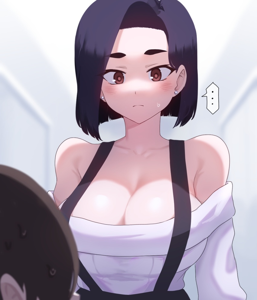 ... 1boy 1girl bare_shoulders black_hair blurry blurry_background blurry_foreground blush boku_no_kokoro_no_yabai_yatsu breasts brown_eyes cleavage closed_mouth collarbone depth_of_field earrings height_difference highres ichikawa_kyoutarou jewelry large_breasts non-web_source off-shoulder_sweater off_shoulder punpunn short_hair solo_focus spoken_ellipsis sweat sweatdrop sweater upper_body white_sweater yamada_sanae_(bokuyaba)