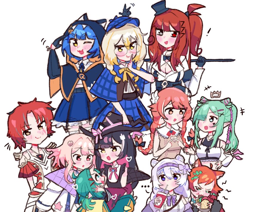 ! ... 6+girls airi_viridis animal_ears animal_hood black_gloves blaise_shinryu blonde_hair blue_capelet blue_hat blue_skirt blush burger capelet checkered_capelet checkered_clothes checkered_skirt chibi chio_chompi cup daiya_fortuna double_bun drinking eating eien_project elia_stellaria finger_to_mouth food gloves green_hair hair_bun hair_over_one_eye hat heart heterochromia highres holding holding_burger holding_cup holding_food hood idol_corp indie_virtual_youtuber kanna_yanagi long_hair lottie_shinju medium_hair mozumi_pichi multicolored_hair multiple_girls pillowdear pixellink poko_rakun poko_rakun_(artist) purple_ribbon raki_kazuki red_eyes red_hair ribbon short_hair shushing simple_background sketch skirt tilted_headwear top_hat v-dere virtual_youtuber white_background white_hair witch_hat yellow_eyes