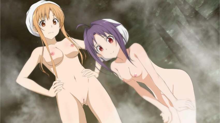 asuna_(sao) bathing bathing_together completely_nude konno_yuuki_(sao) looking_at_viewer nude nude_filter pussy sword_art_online third-party_edit uncensored