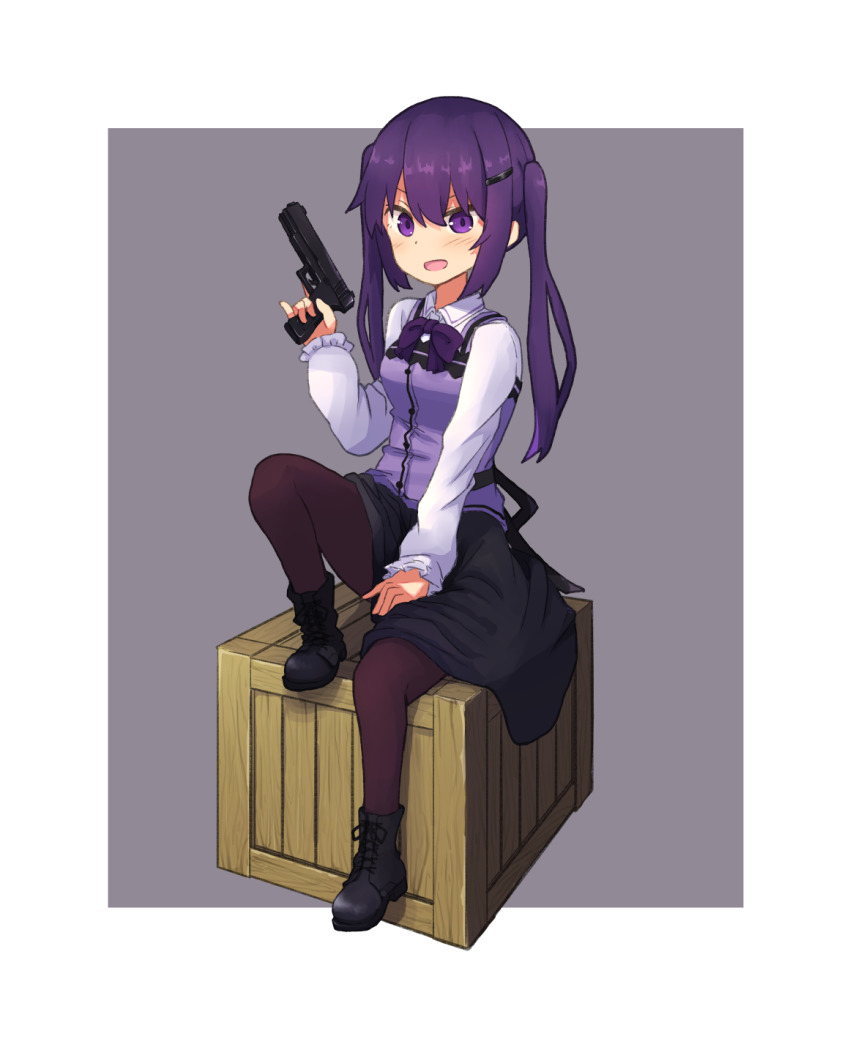 black_footwear black_skirt collared_shirt crate full_body gochuumon_wa_usagi_desu_ka? grey_background gun highres holding holding_gun holding_weapon long_sleeves looking_at_viewer mohei open_mouth pantyhose purple_eyes purple_hair purple_vest shirt shoes simple_background sitting skirt solo tedeza_rize vest weapon white_shirt