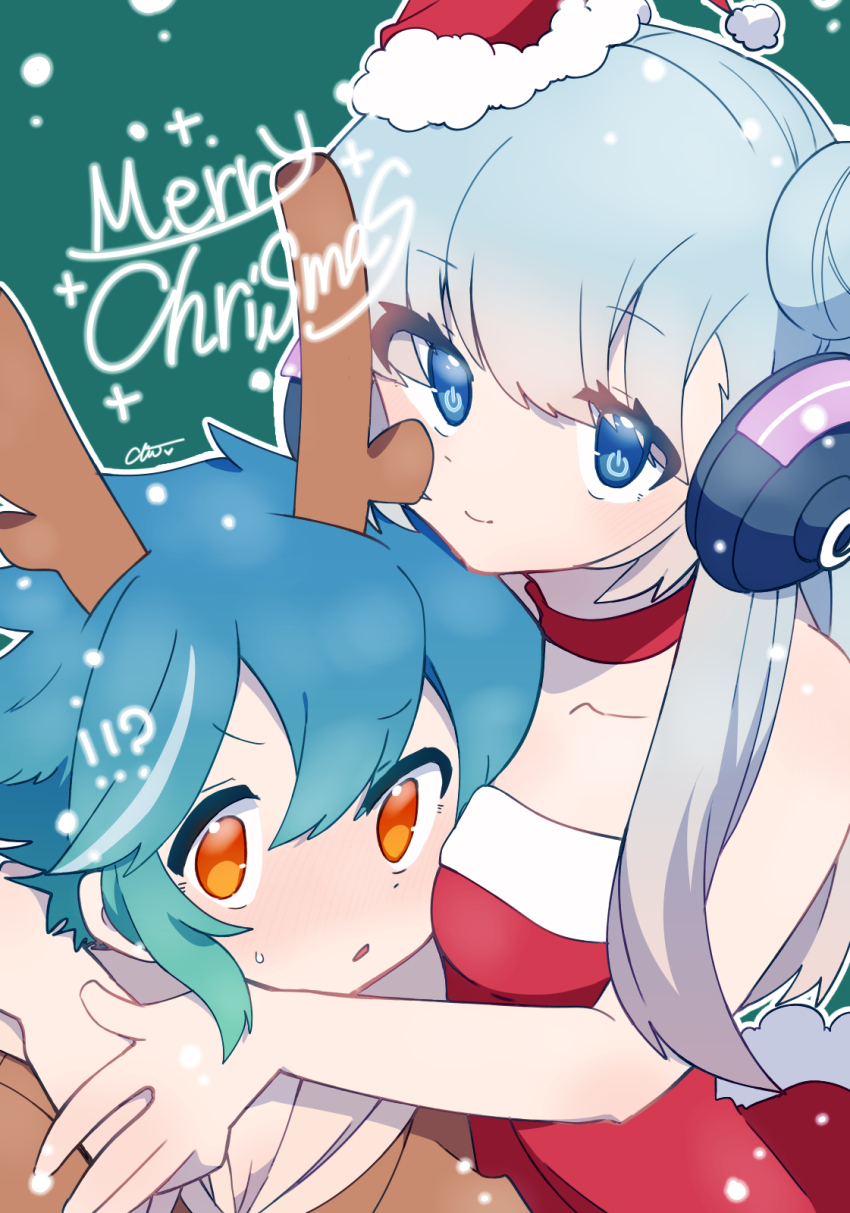 1boy 1girl antlers aqua_hair behind-the-head_headphones blue_eyes blue_hair chiyoko_(oman1229) cone_hair_bun dress fake_horns gradient_hair hair_bun hallelujah_(monster_strike) headphones highres horns long_hair monster_strike multicolored_hair neo_(monster_strike) orange_eyes power_symbol-shaped_pupils reindeer_antlers short_hair strapless strapless_dress symbol-shaped_pupils yellow_eyes