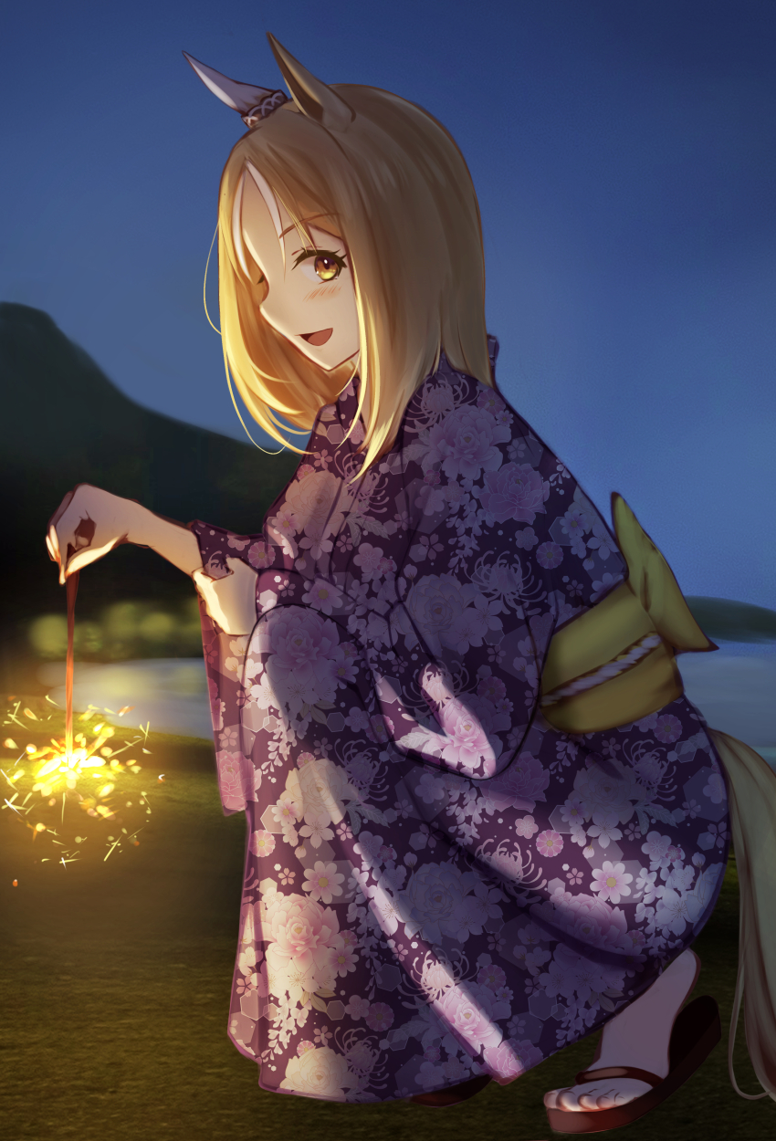 1girl absurdres animal_ears blonde_hair commentary ear_covers fireworks from_side hanba_agu highres horse_ears horse_girl japanese_clothes kimono looking_at_viewer looking_to_the_side narita_top_road_(umamusume) obi purple_kimono robe sandals sash senkou_hanabi short_hair single_ear_cover smile solo sparkler squatting umamusume yellow_eyes yellow_robe yukata