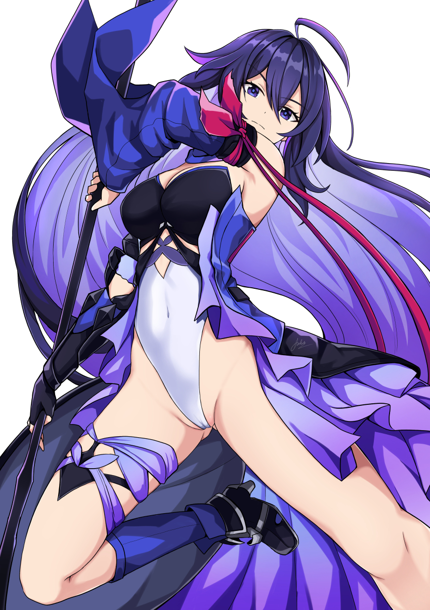 1girl absurdres ahoge aoikito_lavender086 bandana bandana_around_arm breasts cameltoe cleft_of_venus covered_navel gauntlets hair_between_eyes highres holding holding_scythe honkai:_star_rail honkai_(series) large_breasts leotard long_hair purple_eyes purple_hair red_bandana scythe seele_(honkai:_star_rail) simple_background solo very_long_hair white_background