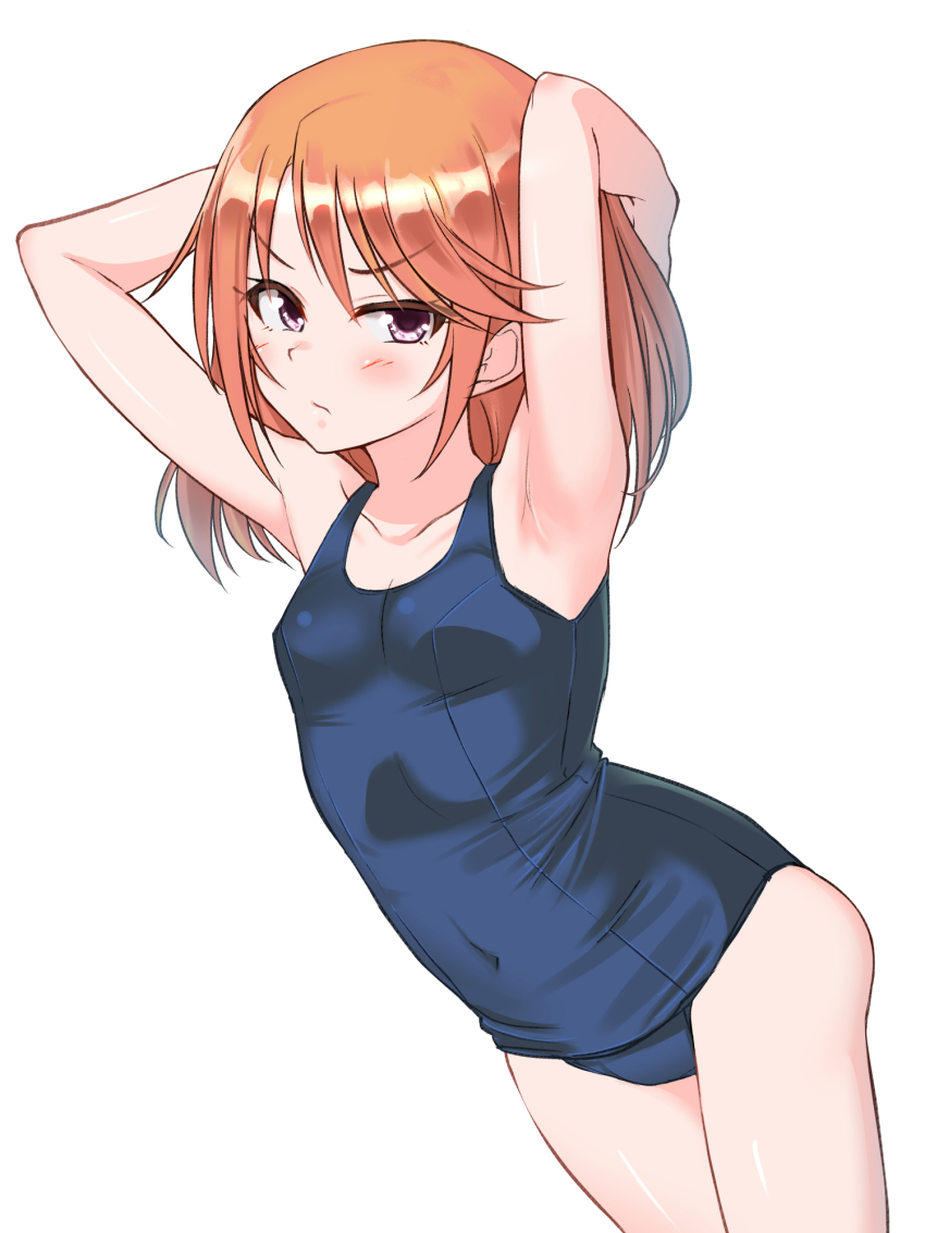 1girl adjusting_hair arched_back armpits arms_behind_head arms_up blush breasts closed_mouth collarbone covered_navel dutch_angle embarrassed eyes_visible_through_hair furrowed_brow highres idolmaster idolmaster_cinderella_girls light_frown looking_at_viewer medium_hair navel orange_hair pout purple_eyes school_swimsuit shiny_skin shirota_mizuki simple_background small_breasts solo standing swept_bangs swimsuit thighs white_background yuuki_haru