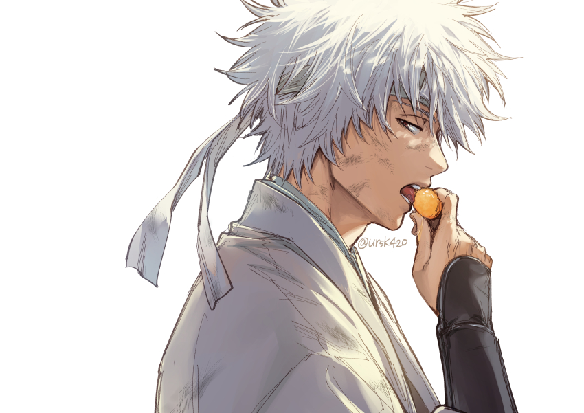 1boy absurdres arm_guards food from_side gintama grey_headband hair_between_eyes hand_up headband highres holding holding_food japanese_clothes kimono looking_at_viewer looking_to_the_side male_focus red_eyes sakata_gintoki simple_background solo teeth tongue tongue_out twitter_username upper_body upper_teeth_only uraki_(tetsu420) white_background white_hair white_kimono