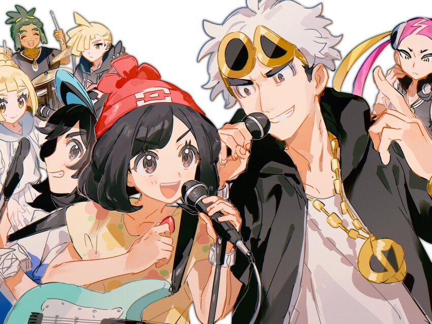 3girls 4boys band_(music) baseball_cap bass_guitar beanie black_hair blonde_hair chain closed_eyes creatures_(company) drum drum_set electric_guitar elio_(pokemon) fua1heyvot4ifsr game_freak gladion_(pokemon) gold_chain grey_hair guitar guzma_(pokemon) hat hau_(pokemon) highres hood hoodie instrument lillie_(pokemon) microphone multiple_boys multiple_girls nintendo plumeria_(pokemon) pokemon pokemon_sm purple_hair selene_(pokemon) siblings sunglasses team_skull upper_body white_background white_hair z-ring